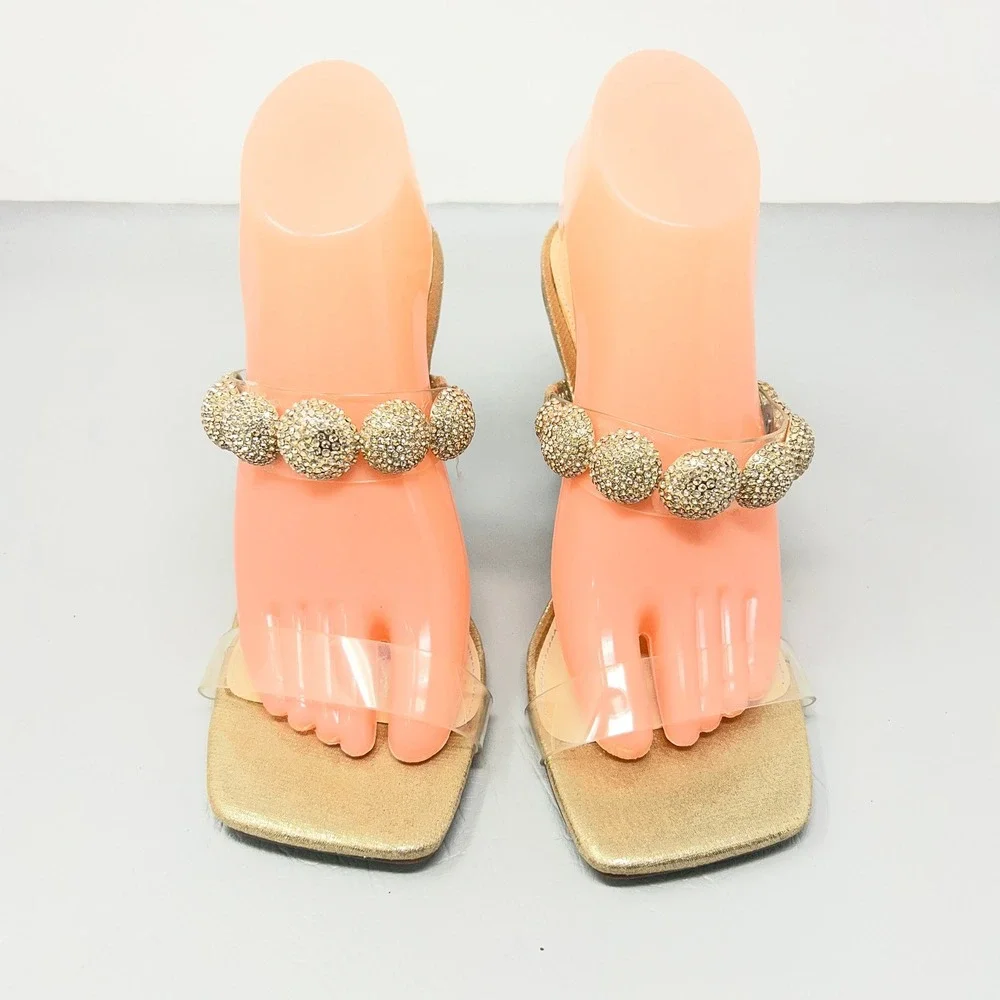Betsey Johnson Women Sandals 8.5 Y2K Clear Heel Gold Statement Rhinestone Party